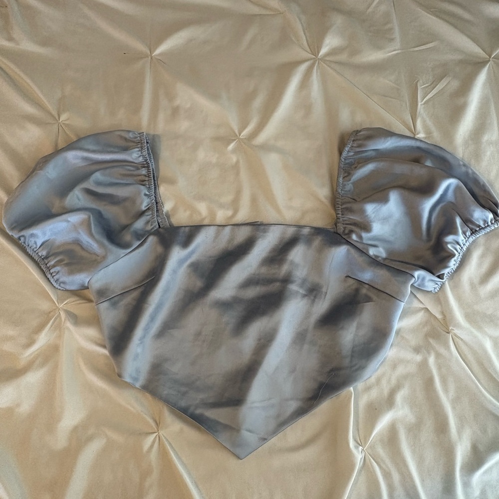 Target Blue Gray Puff Sleeve Crop Blouse